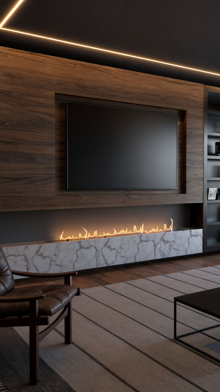 Linear bioethanol fireplace with real flames